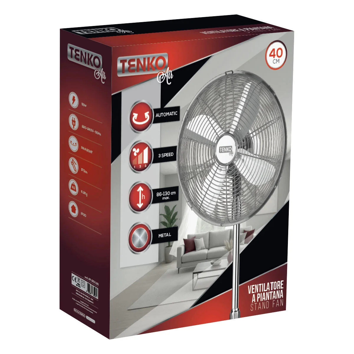 Ventilatore a piantana cromo 50 W ø 40 cm metallo 3