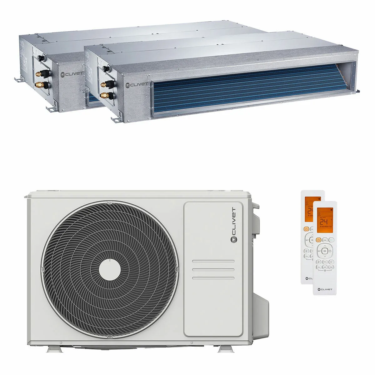 Condizionatore canalizzabile Clivet DUCT 2 dual split 9000+12000 BTU inverter A++ unità esterna 5.3 kW