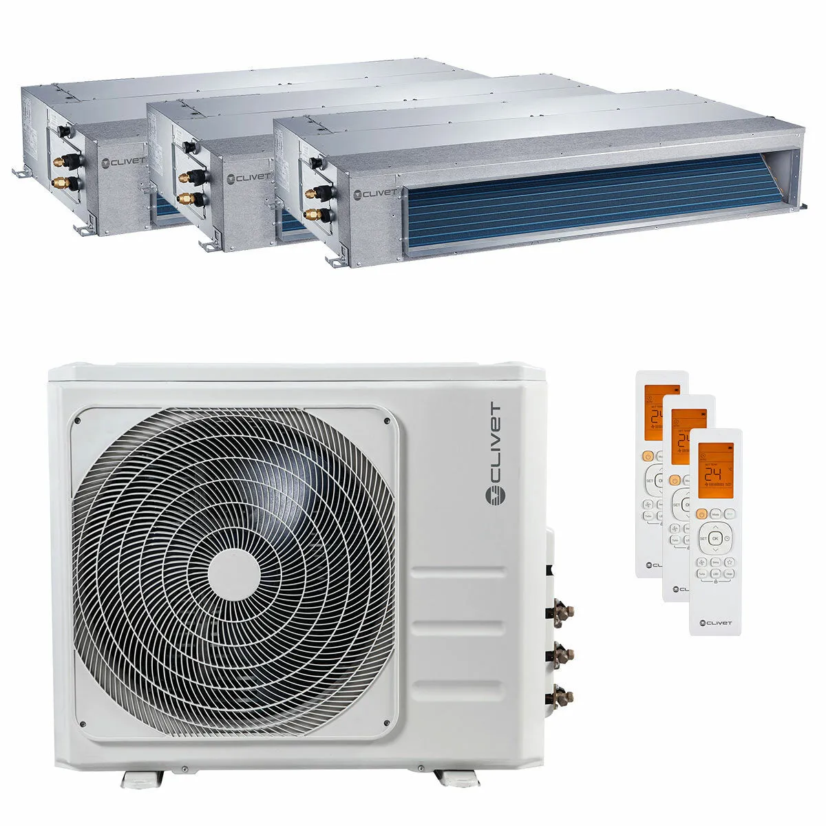 Condizionatore canalizzabile Clivet DUCT 2 trial split 12000+12000+18000 BTU inverter A++ unità esterna 10.5 kW