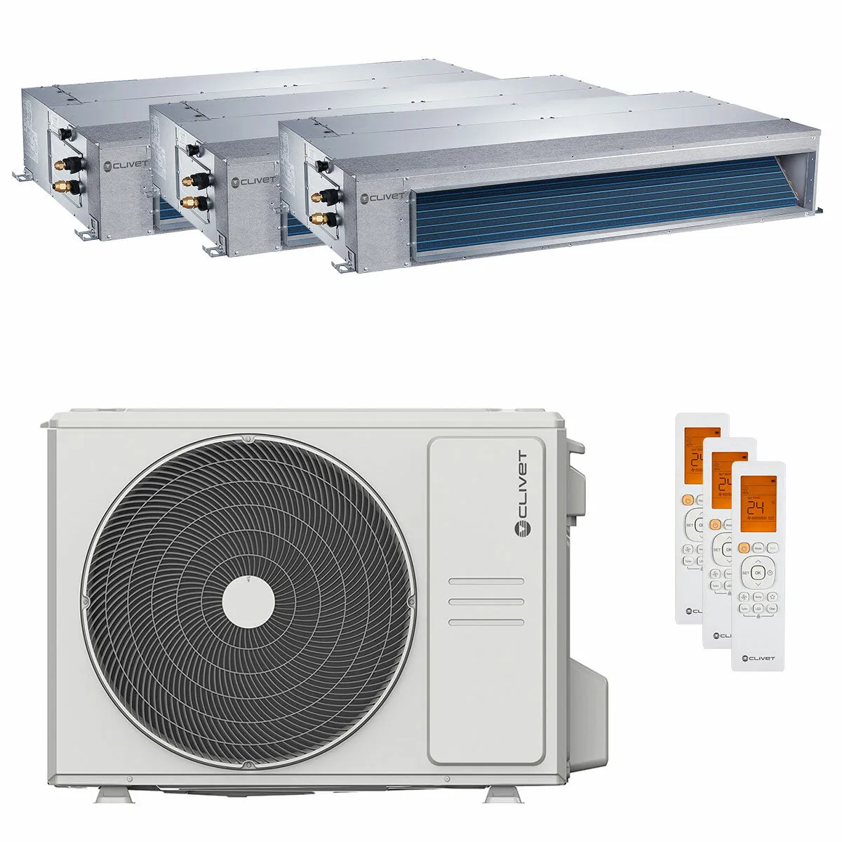 Condizionatore canalizzabile Clivet DUCT 2 trial split 9000+12000+12000 BTU inverter A++ unità esterna 7.9 kW