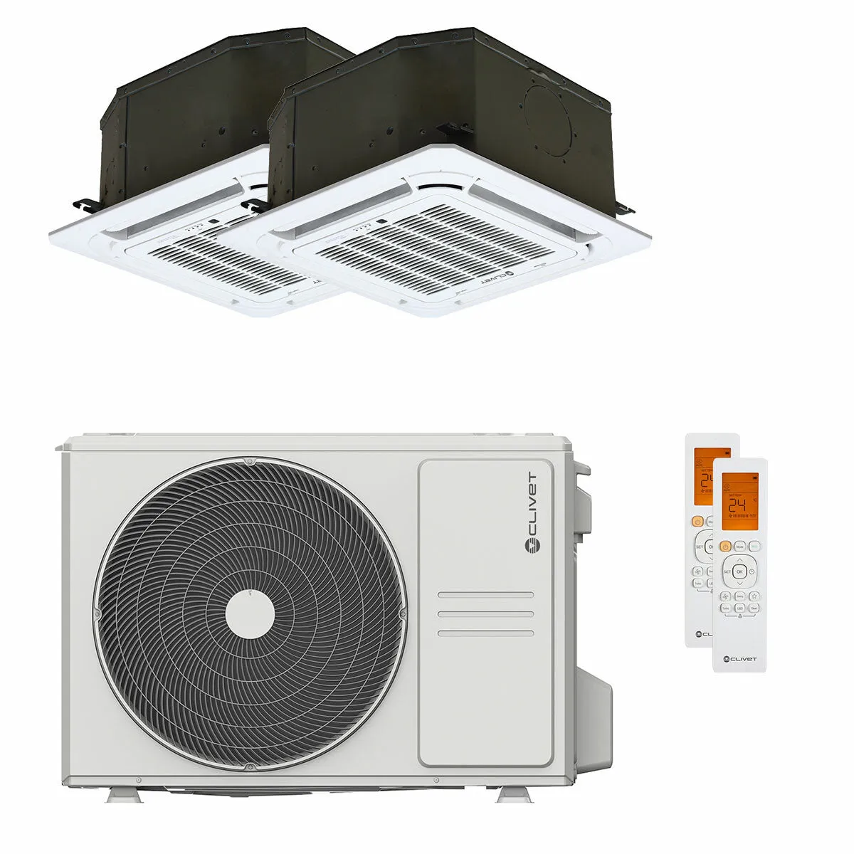 Condizionatore Clivet BOX 2 650x650 cassetta 4 vie dual split 9000+12000 BTU inverter A++ unità esterna 4.1 kW
