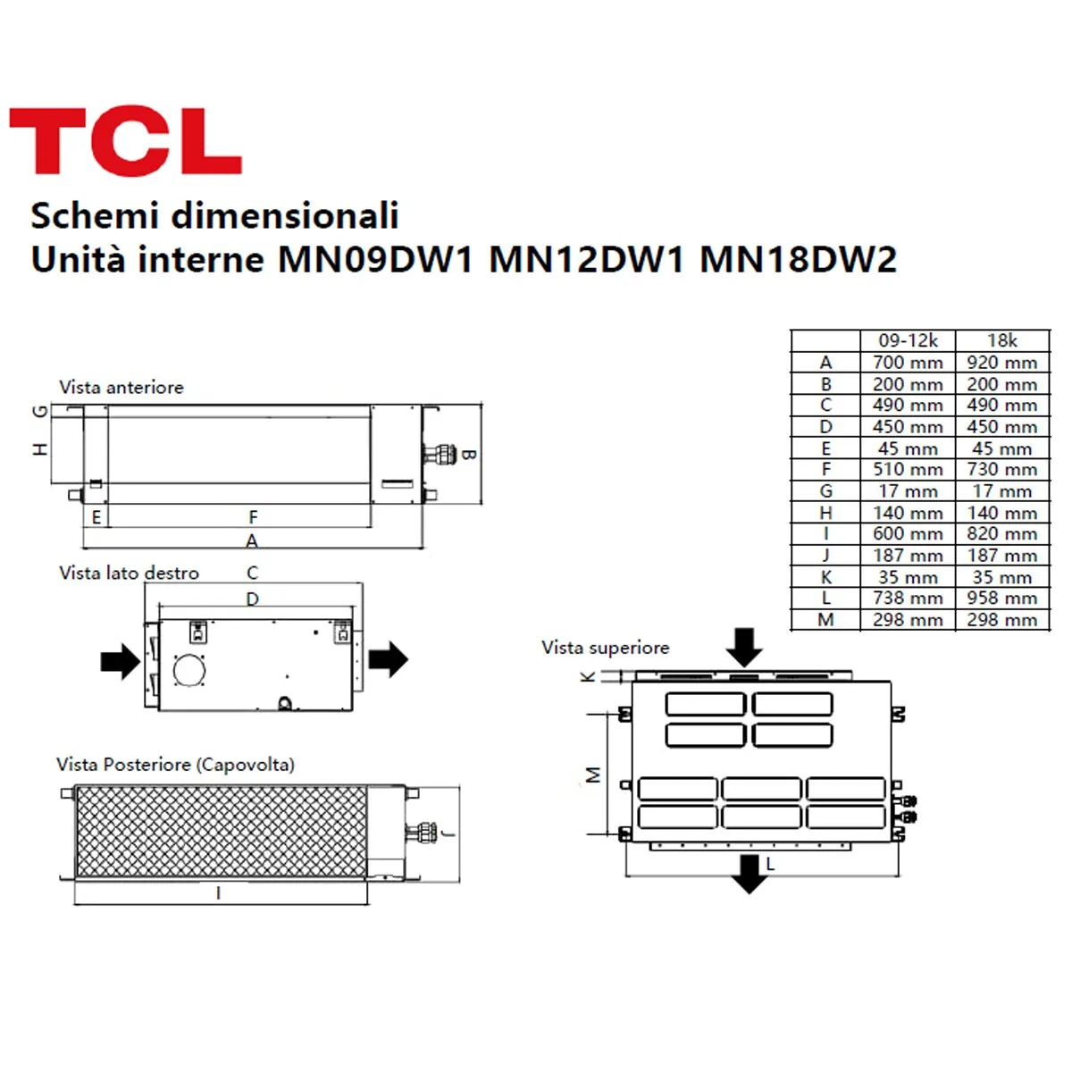 Condizionatore TCL Canalizzabile Serie D penta split 9000+9000+12000+12000+12000 BTU inverter A++ wifi unità esterna 12.2 kW 4
