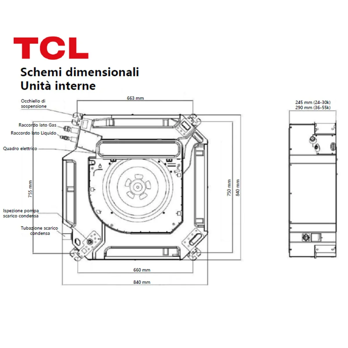 Condizionatore TCL Cassetta 4 vie Serie S Standard 60000 BTU R32 Inverter WiFi A++/A+ 4
